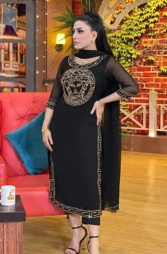 AS-01  Black Embroiderd lawn Three Piece