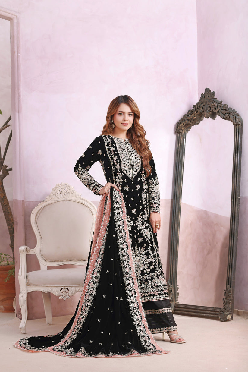 3 Piece - Unstitched Dhanak Stuff Full Embroidered Suit With Full Embroidered Shawl With Extra Patches