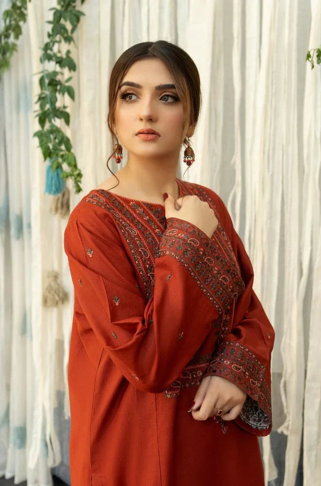 URGE - 3PC DHANAK EMBROIDERED SHIRT WITH COUTURE WOOL PRINT SHAWL AND TROUSER