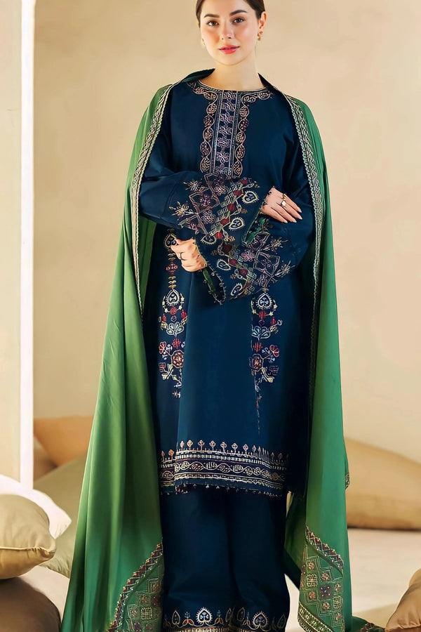 3 Piece Unstitched Heavy Embroidered Dhanak Suit With Four Sided Embroidered Dhanak Shawl