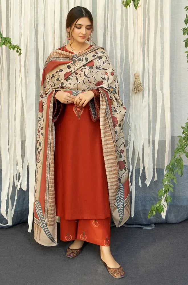 URGE - 3PC DHANAK EMBROIDERED SHIRT WITH COUTURE WOOL PRINT SHAWL AND TROUSER