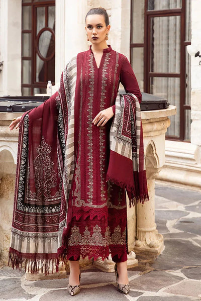 MARIA B - 3PC DHANAK EMBROIDERED SHIRT WITH COUTURE WOOL PRINT SHAWL AND DHANAK TROUSER