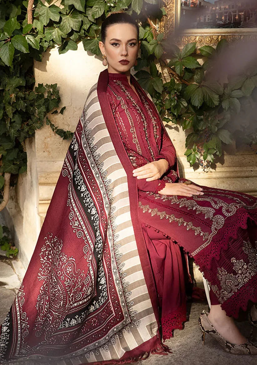 MARIA B - 3PC DHANAK EMBROIDERED SHIRT WITH COUTURE WOOL PRINT SHAWL AND DHANAK TROUSER