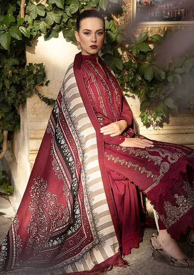 MARIA B - 3PC DHANAK EMBROIDERED SHIRT WITH COUTURE WOOL PRINT SHAWL AND DHANAK TROUSER