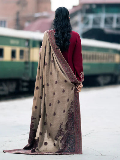 IZEL-3PC DHANAK EMBROIDERED SHIRT WITH PRINTED SHAWL AND TROUSER
