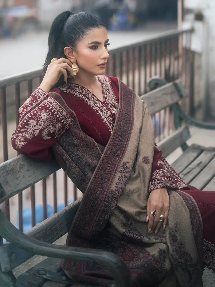 IZEL-3PC DHANAK EMBROIDERED SHIRT WITH PRINTED SHAWL AND TROUSER