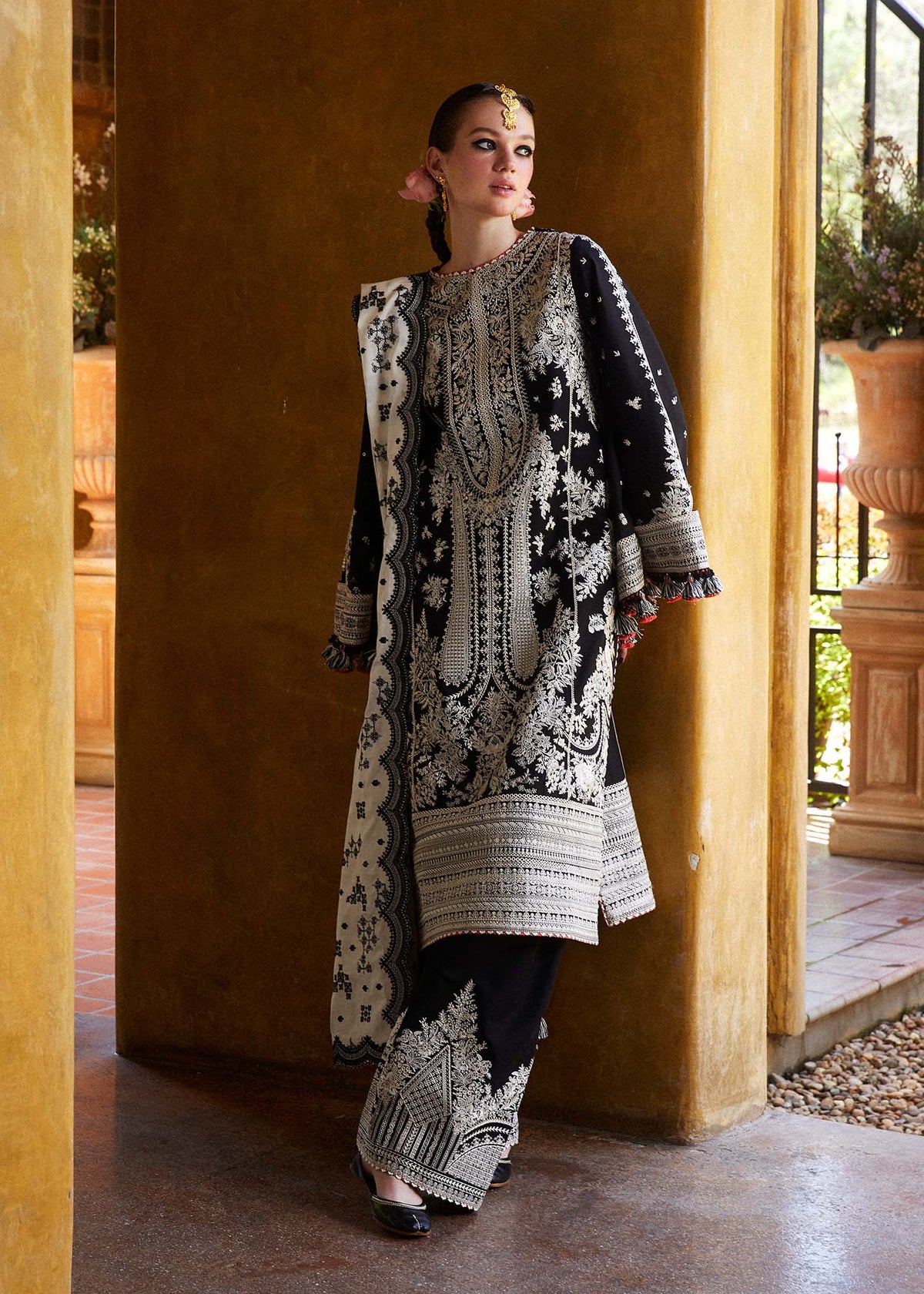 HUSSAIN REHAR-3PC DHANAK EMBROIDERED SHIRT WITH   EMBROIDERED TROUSER