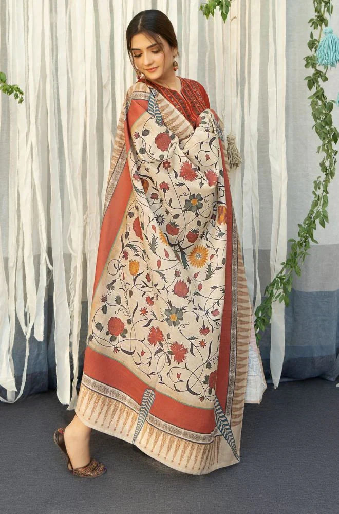 URGE - 3PC DHANAK EMBROIDERED SHIRT WITH COUTURE WOOL PRINT SHAWL AND TROUSER