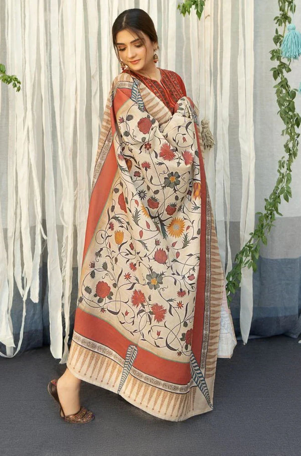 URGE - 3PC DHANAK EMBROIDERED SHIRT WITH COUTURE WOOL PRINT SHAWL AND TROUSER