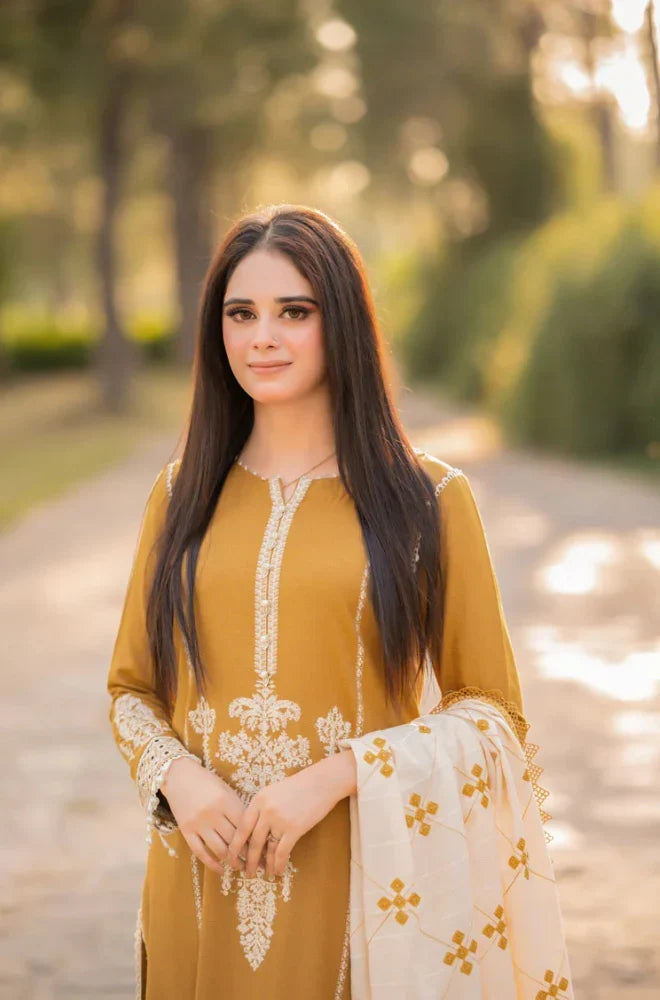 Libaas - 3PC Unstitched Dhanak Embroidered Shirt with Dhanak Embroidered Dupatta