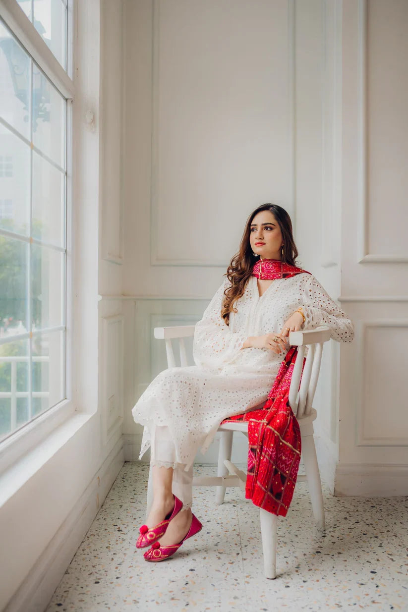 Maria.B 3Pc  Chikenkari Embroidered With Printed Lawn Dupatta