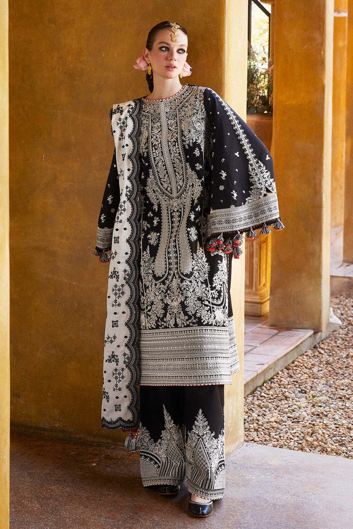 HUSSAIN REHAR-3PC DHANAK EMBROIDERED SHIRT WITH   EMBROIDERED TROUSER