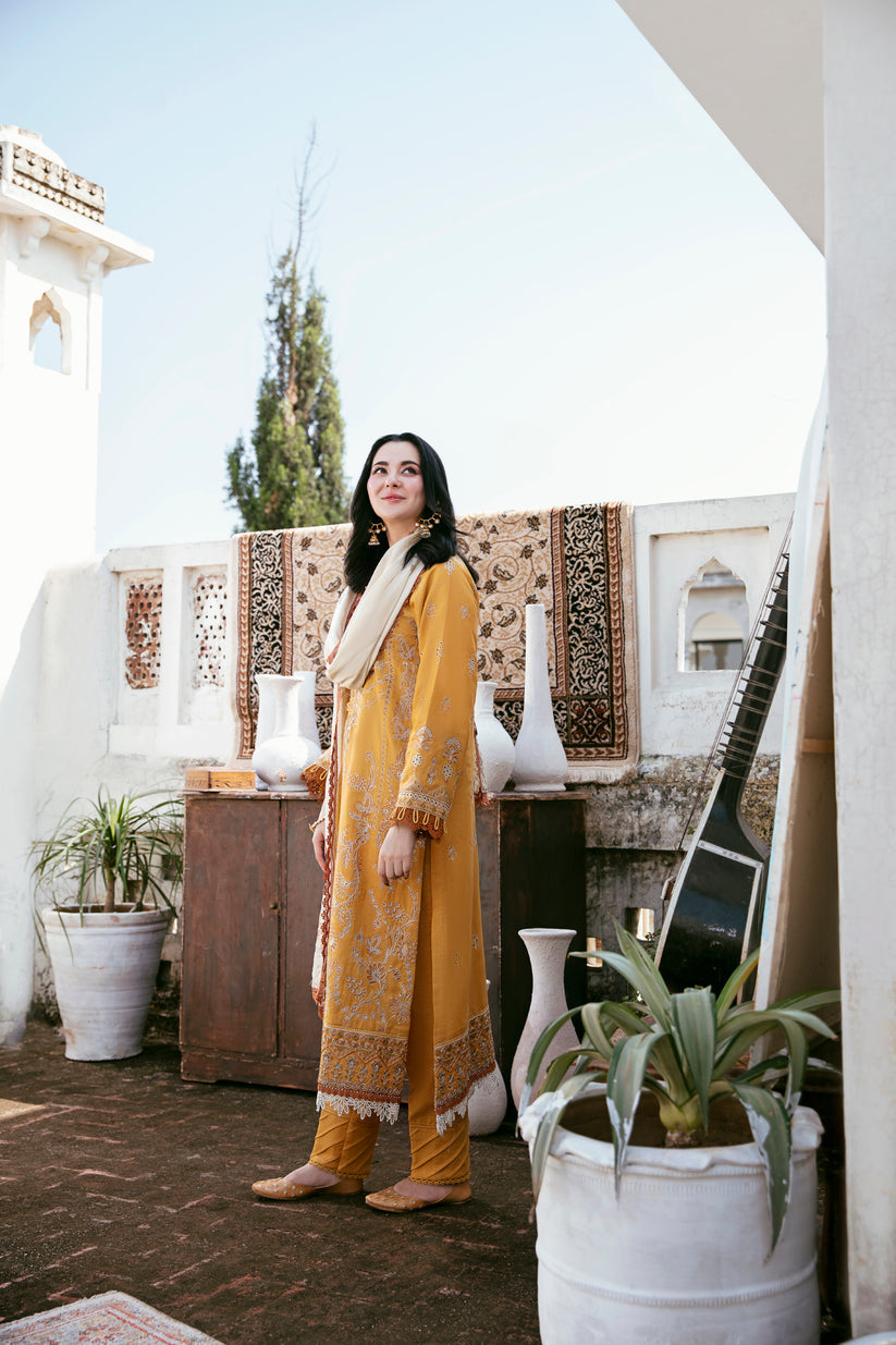 FLORENT-3PC DHANAK EMBROIDERED SHIRT WITH DHANAK EMBROIDERED SHAWL AND TROUSER