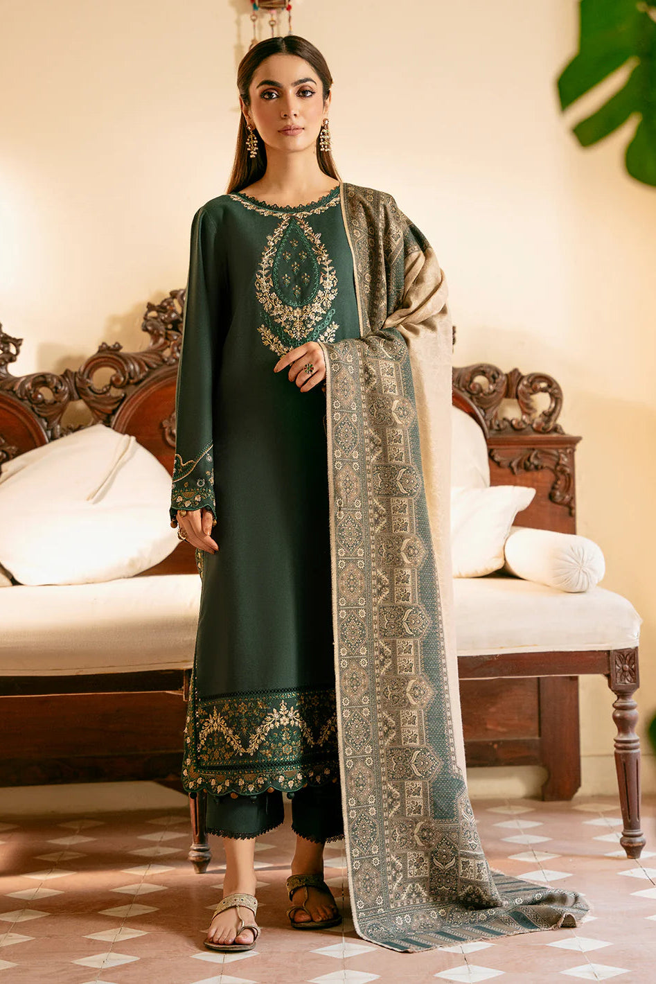 IZEL - Winter 3PC Unstitched Dhanak Embroidered With Printed Shawl