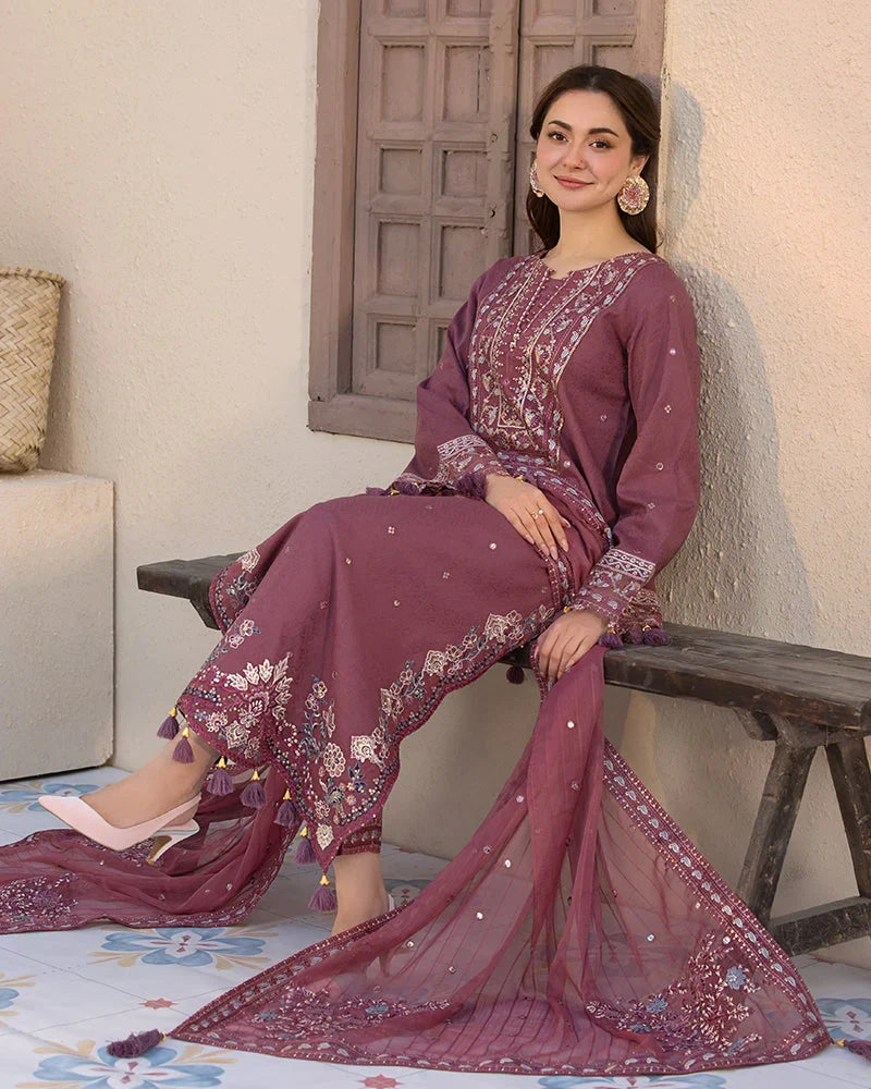 ALLYS - 3PC Dhanak Full Embroidered Suit With Full Embroidered Dhanak Shawl