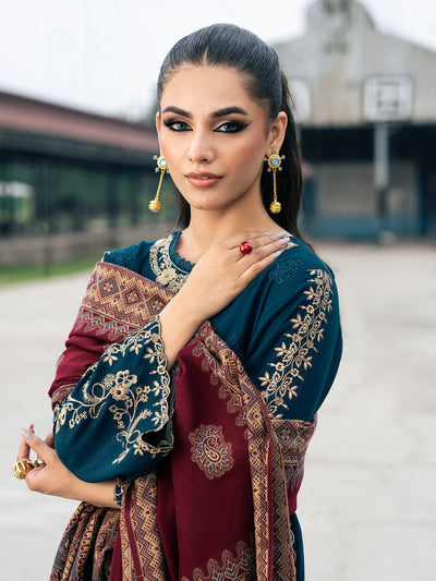 IZEL-3PC DHANAK EMBROIDERED SHIRT WITH COURTRAI PRINTED SHAWL & TROUSER-