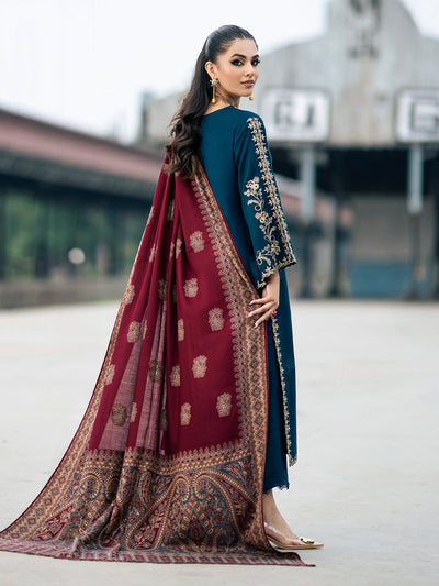 IZEL-3PC DHANAK EMBROIDERED SHIRT WITH COURTRAI PRINTED SHAWL & TROUSER-