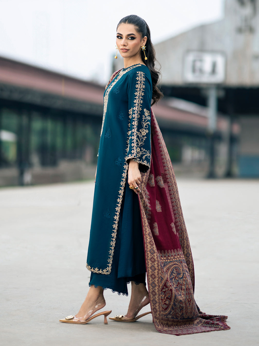 IZEL-3PC DHANAK EMBROIDERED SHIRT WITH COURTRAI PRINTED SHAWL & TROUSER-