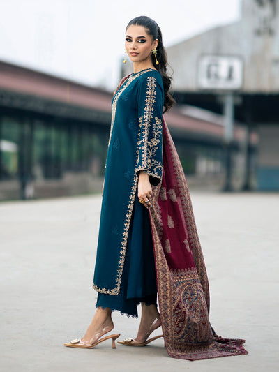 IZEL-3PC DHANAK EMBROIDERED SHIRT WITH COURTRAI PRINTED SHAWL & TROUSER-
