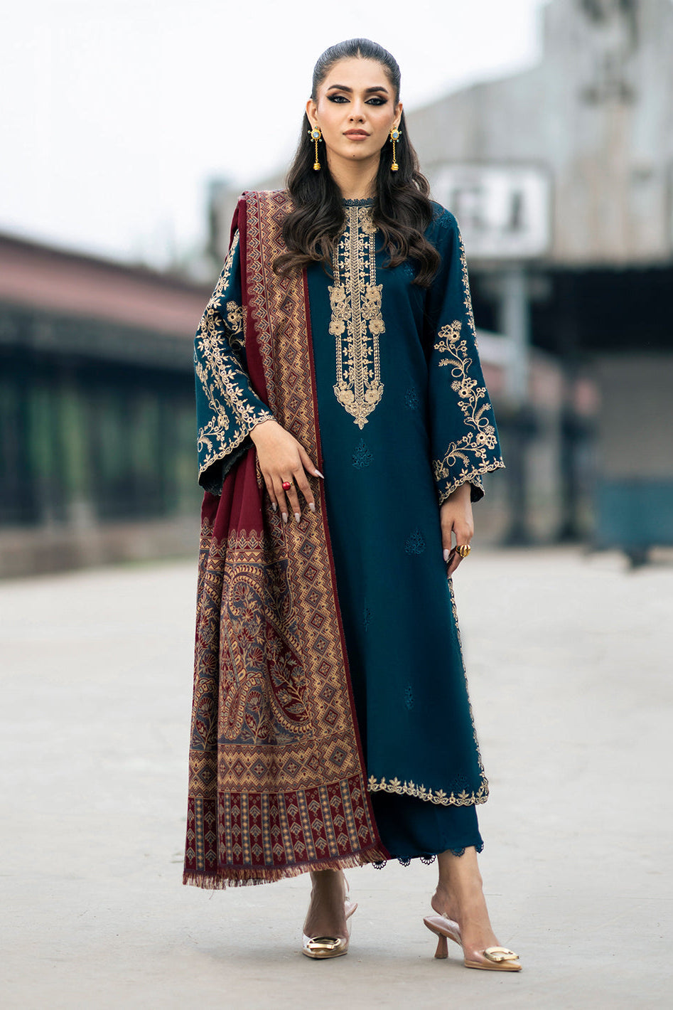IZEL-3PC DHANAK EMBROIDERED SHIRT WITH COURTRAI PRINTED SHAWL & TROUSER-