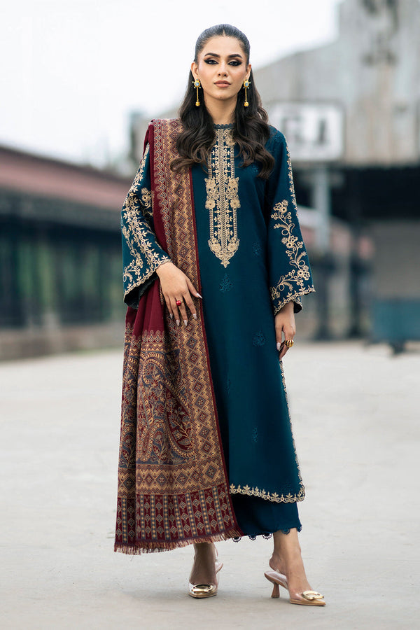 IZEL-3PC DHANAK EMBROIDERED SHIRT WITH COURTRAI PRINTED SHAWL & TROUSER-