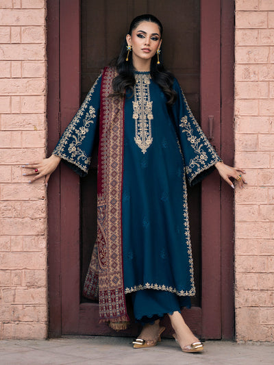 IZEL-3PC DHANAK EMBROIDERED SHIRT WITH COURTRAI PRINTED SHAWL & TROUSER-