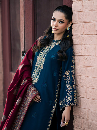 IZEL-3PC DHANAK EMBROIDERED SHIRT WITH COURTRAI PRINTED SHAWL & TROUSER-
