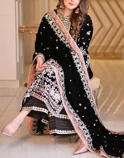 3 Piece - Unstitched Dhanak Stuff Full Embroidered Suit With Full Embroidered Shawl With Extra Patches