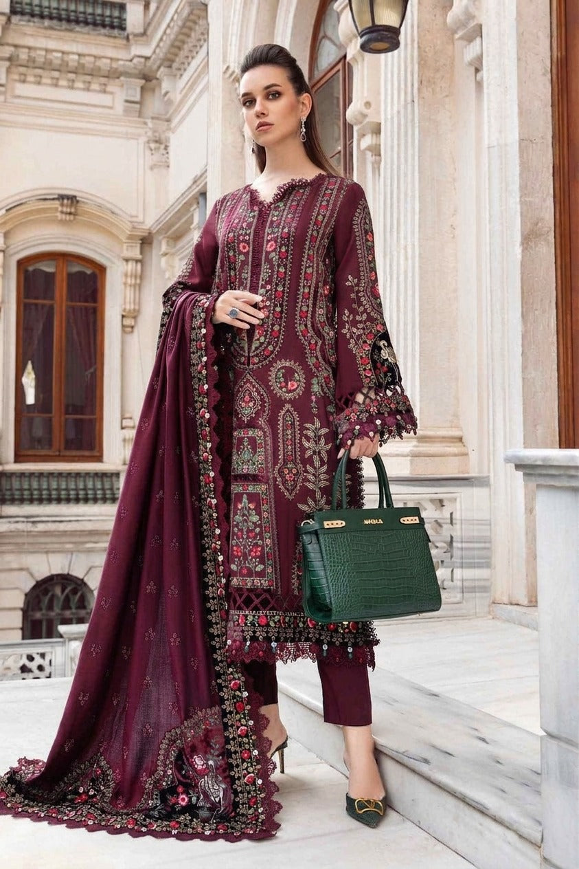 3 Piece - Unstitched Dhanak Stuff Full Embroidered Suit With Full Embroidered Shawl With Extra Patches