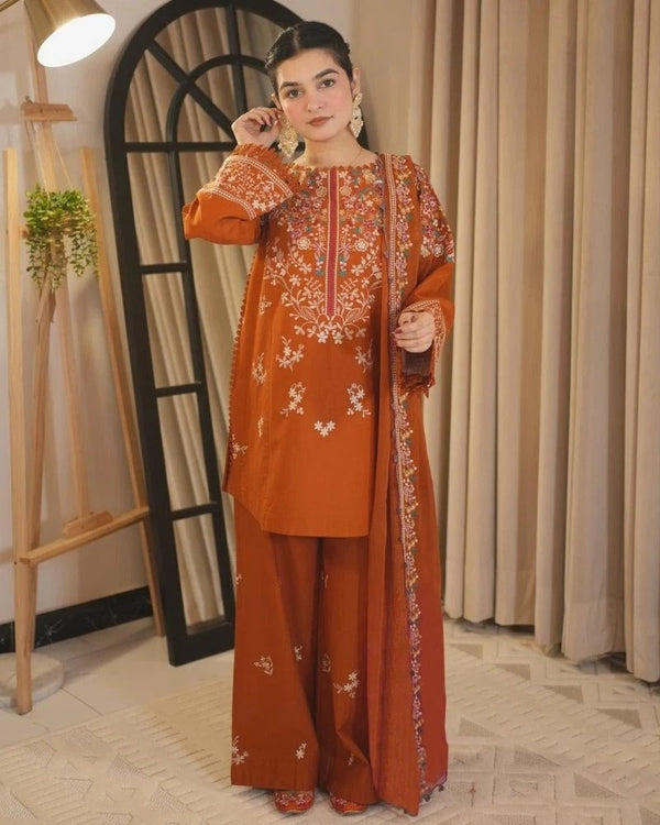 3PC EMBROIDERED DHANAK SUIT AS47