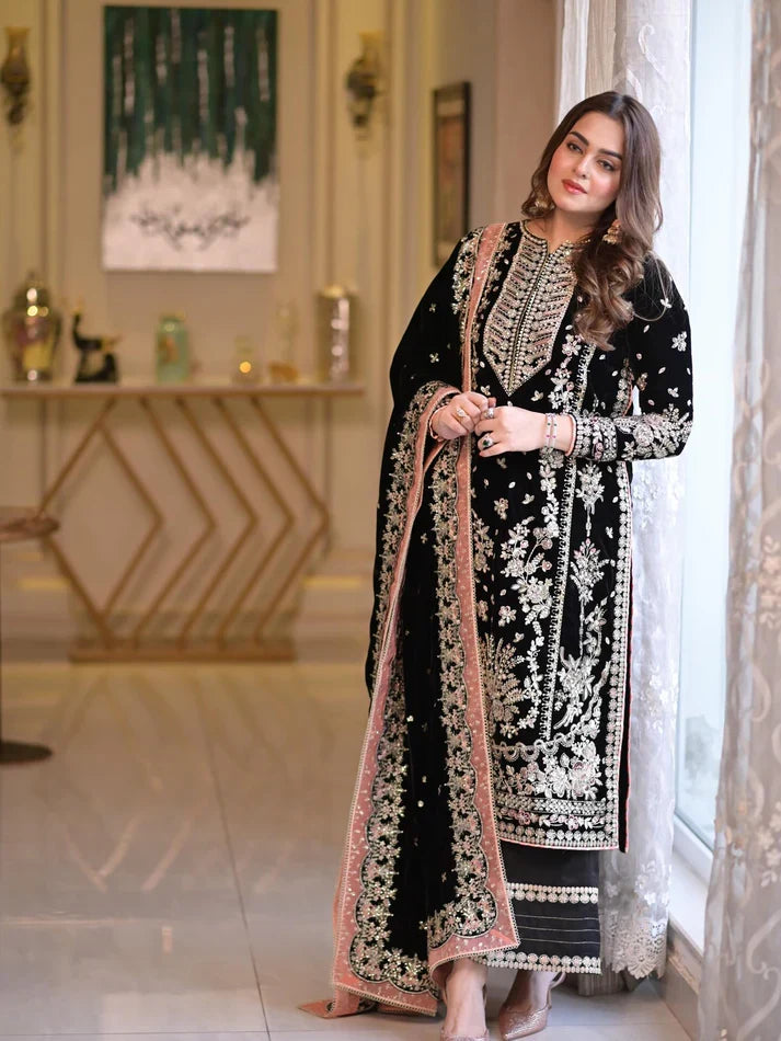 3 Piece - Unstitched Dhanak Stuff Full Embroidered Suit With Full Embroidered Shawl With Extra Patches